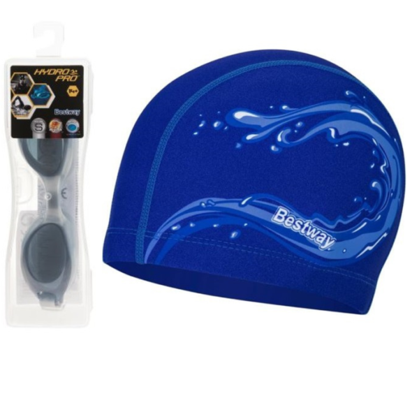 KIT NATACION Gorro p/ natacion azul Sleek'N Stretch 14+. Bestway +Lentes p/ nadar. Active Wear 14+. Bestway (adulto)