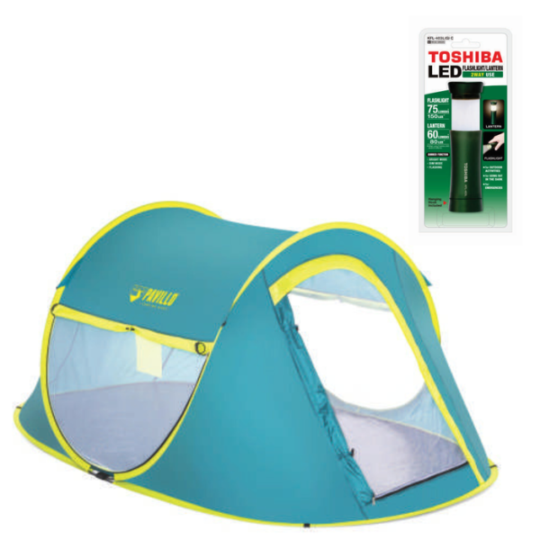 Carpa para 2 personas autoarmable PopUp. Incluye bolsa de transporte + Linterna / Farol 2en1 Verde Toshiba